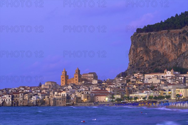 Historic town centre with the Cathedral of San Salvatore and Rocca di Cefalu at dusk