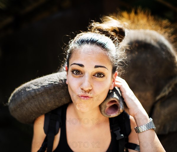 Elephant playing with tourist at an elephant camp
