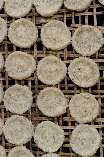Round rice cakes made of glutinous rice drying on a bamboo frame