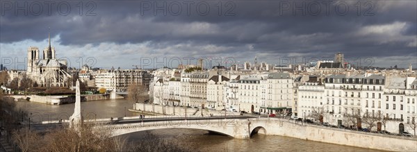 View over the Seine River towards Ile de la Cite with Notre-Dame de Paris Cathedral