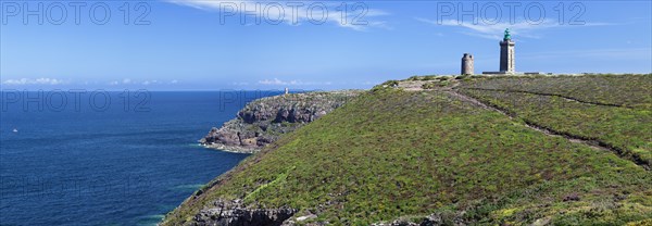 Coastal cliffs of Cap Frehel with the old and new lighthouses
