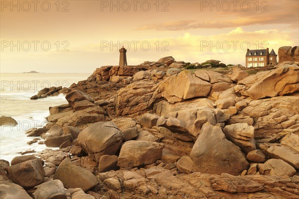 Phare de Ploumanac'h or Phare de Mean Ruz lighthouse on the Cote de Granit Rose or Pink Granite Coast