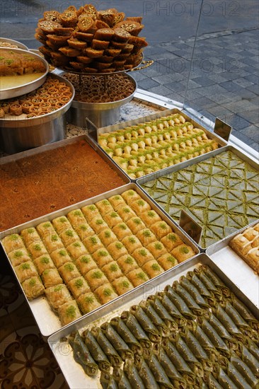 Baklava and other Turkish sweets in the shop window of Hafiz Mustafa