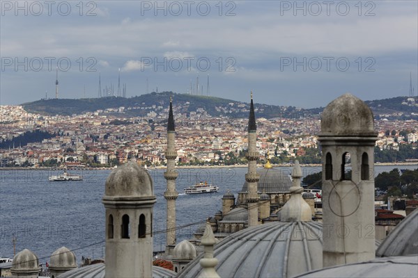 View of Suleymaniye Mosque across the Rustem Pasha Mosque and the Bosphorus to Uskudar on the asian side of the city