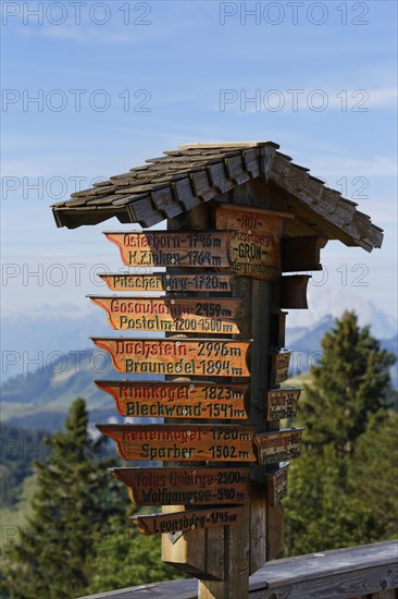 Directional signs for mountains and lakes in the area surrounding Zwoelferhorn Mountain