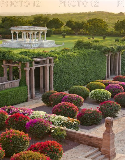 Gardens with colourful bougainvillea bushes