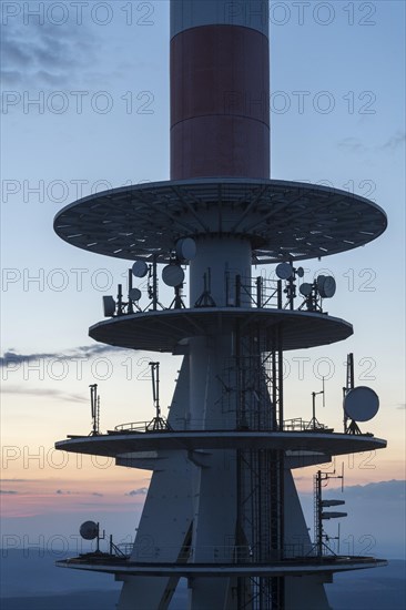 Transmission tower on the summit plateau of Mt Brocken at dusk