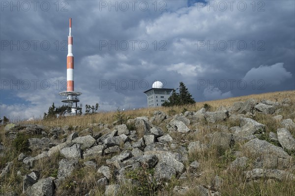 Transmission tower and Brockenhotel on the summit plateau of Mt Brocken