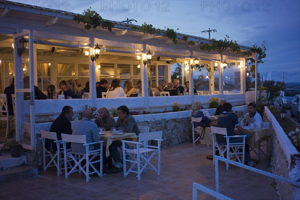 A fish restaurant in the evening