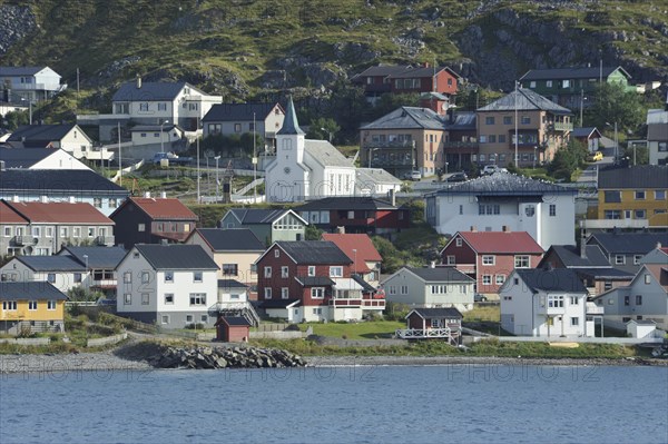 Town view of Honningsvag with a church