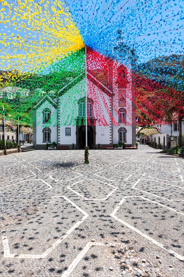 Festive decorations in front of the parish church of Sao Bento in Ribeira Brava