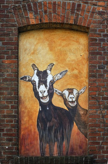 Mural of goats on the facade of a goat cheese dairy