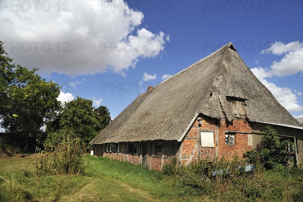 Old farmhouse with low thatched roof