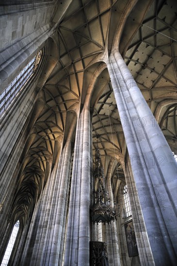 Colonnade and vaulted ceiling of the late-gothic three-naved hall church