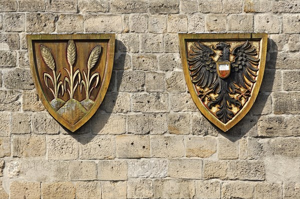 Coat of arms for the Free Imperial City of Dinkelsbuhl next to the Imperial Eagle