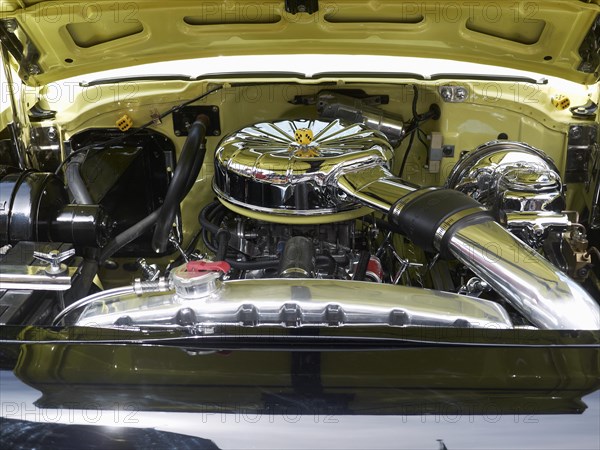 Chromed engine compartment of a Chevrolet Bel Air classic car