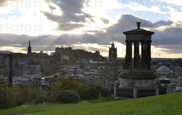 View from Calton Hill with the Dugald Stewart Monument on the Edinburgh Castle and the historic city center