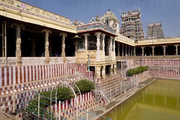 Red and white striped temple area