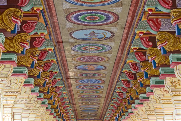 Colourfully painted pillars and ceiling