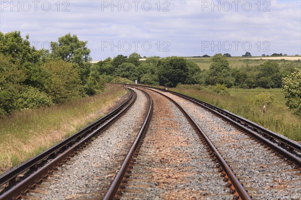 Twin track railway line disappearing around a bend