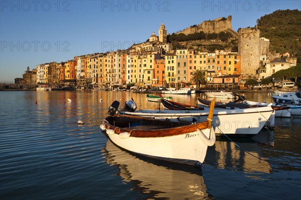 Fishing boats in the harbour in front of the historic town centre of Porto Venere