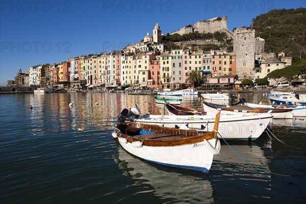 Fishing boats in the harbour in front of the historic town centre of Porto Venere