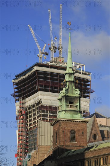 Tower of All Hallows by the Tower Church in front of the high-rise construction site of 20 Fenchurch Street
