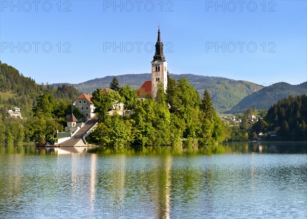 Cerkev Marijinega vnebovzetja or Assumption Church on Bled Island in the middle of Lake Bled