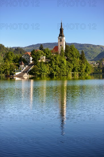 Cerkev Marijinega vnebovzetja or Assumption Church on Bled Island in the middle of Lake Bled