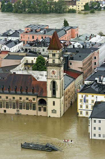 Historic town centre with the Town Hall and Hotel Wilder Mann during the flood on 3rd June 2013