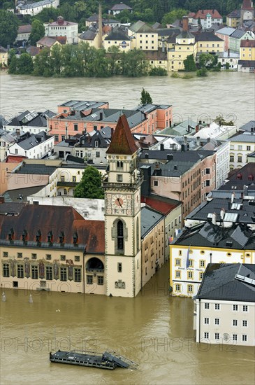 Historic town centre with the Town Hall and Hotel Wilder Mann during the flood on 3rd June 2013