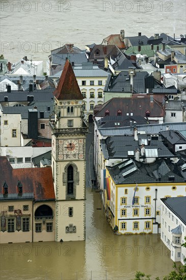 Historic town centre with the Town Hall and Hotel Wilder Mann during the flood on 3rd June 2013