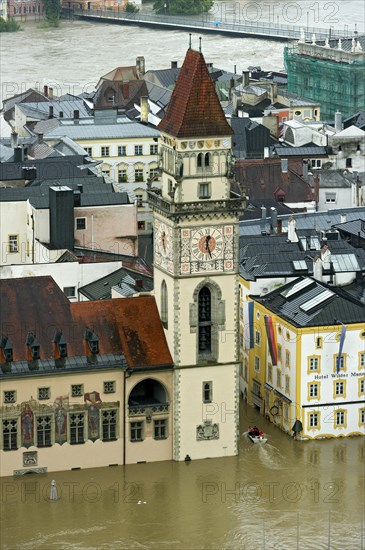 Historic town centre with the Town Hall and Hotel Wilder Mann during the flood on 3rd June 2013