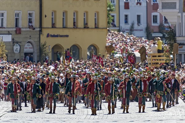 Bailiffs at the front of the wedding procession in medieval costumes to celebrate 'Landshut Wedding 1475'