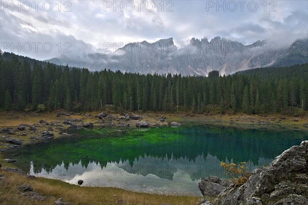 Lake Carezza or Rainbow Lake and the Latemar Group