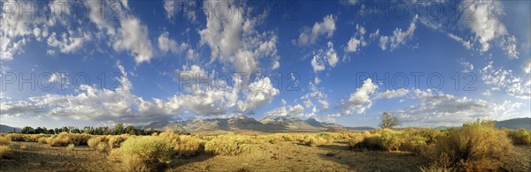 Desert landscape with a cloudy sky in the morning at the foot of the Sierra Nevada mountains