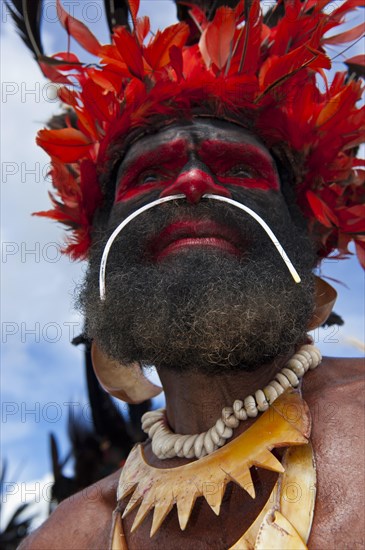 Man in a colourfully decorated costume with face paint at the traditional sing-sing gathering