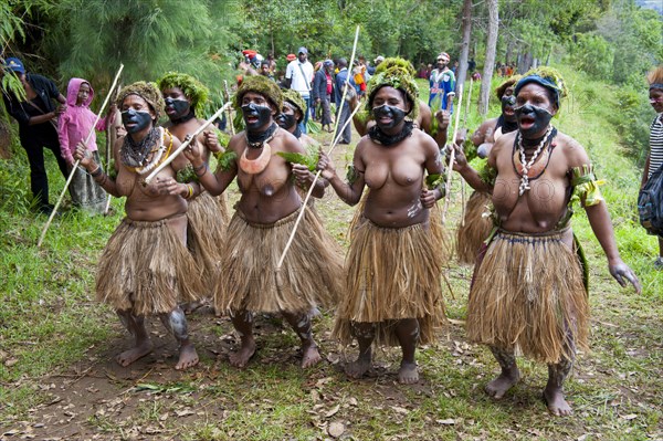 Colourfully decorated women with face paint are celebrating at the traditional Sing Sing gathering in the highlands