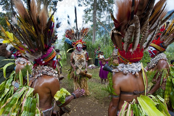 Tribal members in colourful decorations and face paint are celebrating at the traditional Sing Sing gathering in the highlands