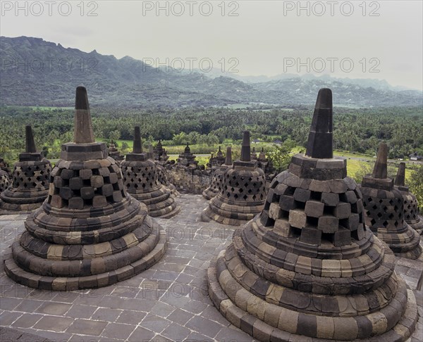 Stupas on the terrace of the temple complex of Borobudur