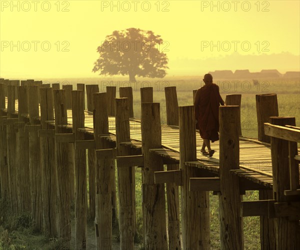 Monk on a teak bridge