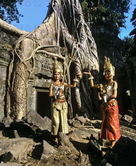 Ta Prohm temple overgrown with huge roots of Tetrameles nudiflora