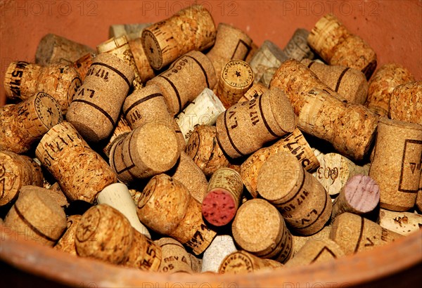 Collection of champagne corks in a bowl