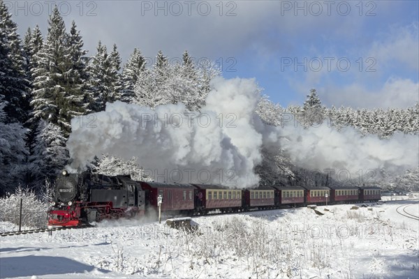 Brockenbahn narrow gauge railway in a wintry landscape