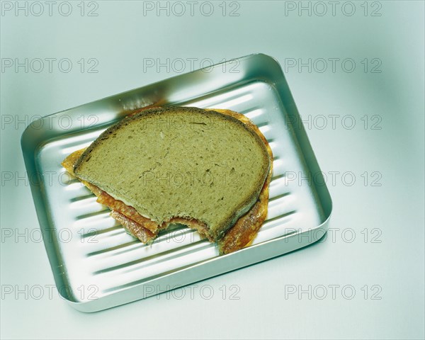 Half-eaten salami sandwich in an aluminium lunch box