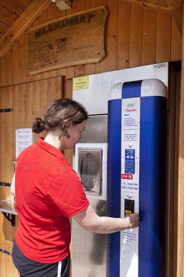 Woman extracting fresh milk from a milk vending machine in Novo Mesto