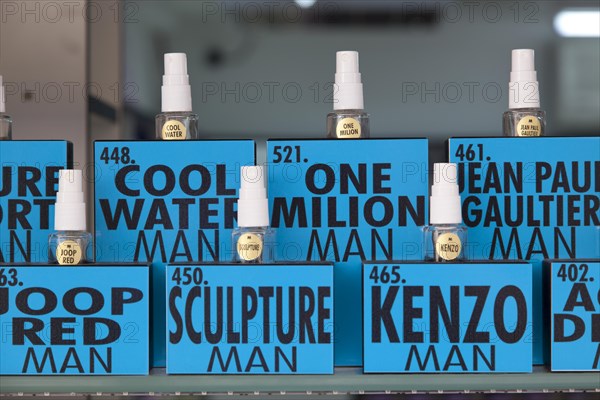 Bottles of perfume for men in a perfumery in Rovinj