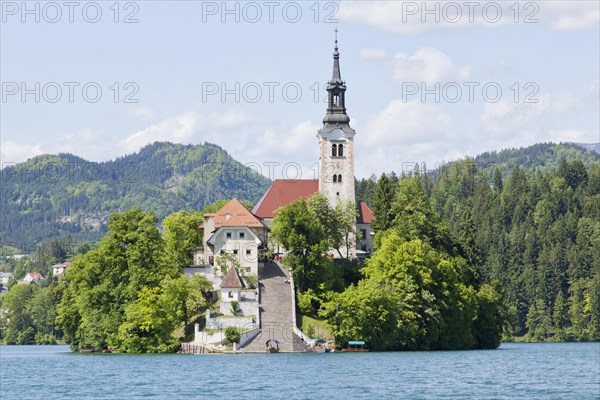 Blejski Otok Island with St. Mary's Church in Lake Bled in Bled