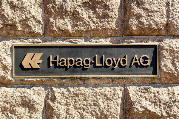 Logo and signage at the headquarters of the transport and logistics company Hapag-Lloyd AG