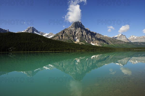 Mount Chephren reflected in the emerald-green Lake Waterfowl